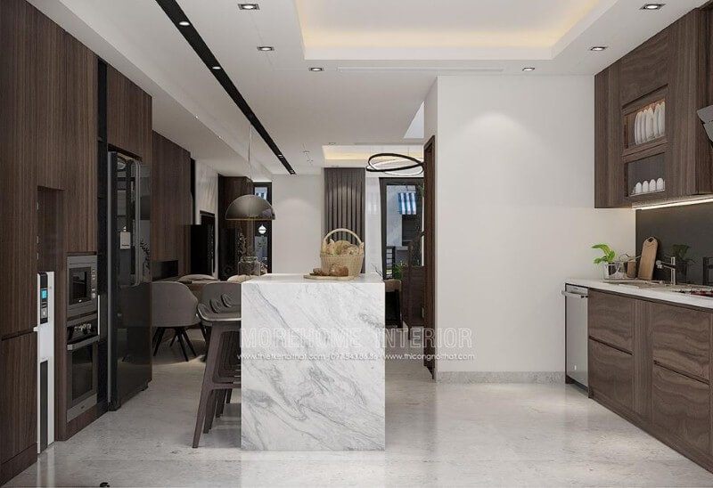 Bố trí phòng bếp đẹp ấn tượng từ phong cách hiện đại sang trọng.