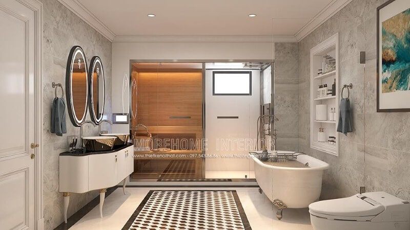 Trang trí nội thất phòng tắm tân cổ điển đẹp, sang trọng có phòng xông hơi, bồn tắm gia đình cao cấp.