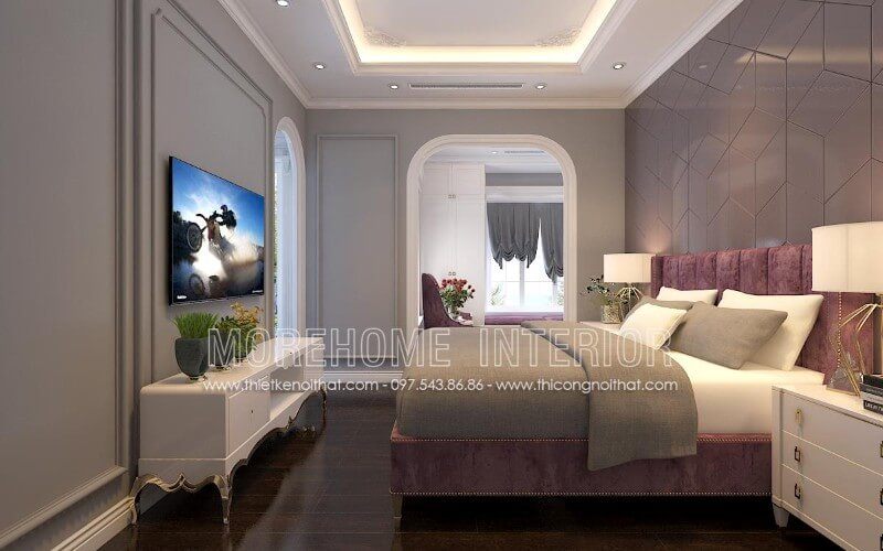 .
Giường ngủ cổ điển với gam màu tím nhẹ nhàng, tạo nên một không gian thơ mộng, làm nên điểm nhấn hút mắt và thu hút sự chú ý của người sử dụng.